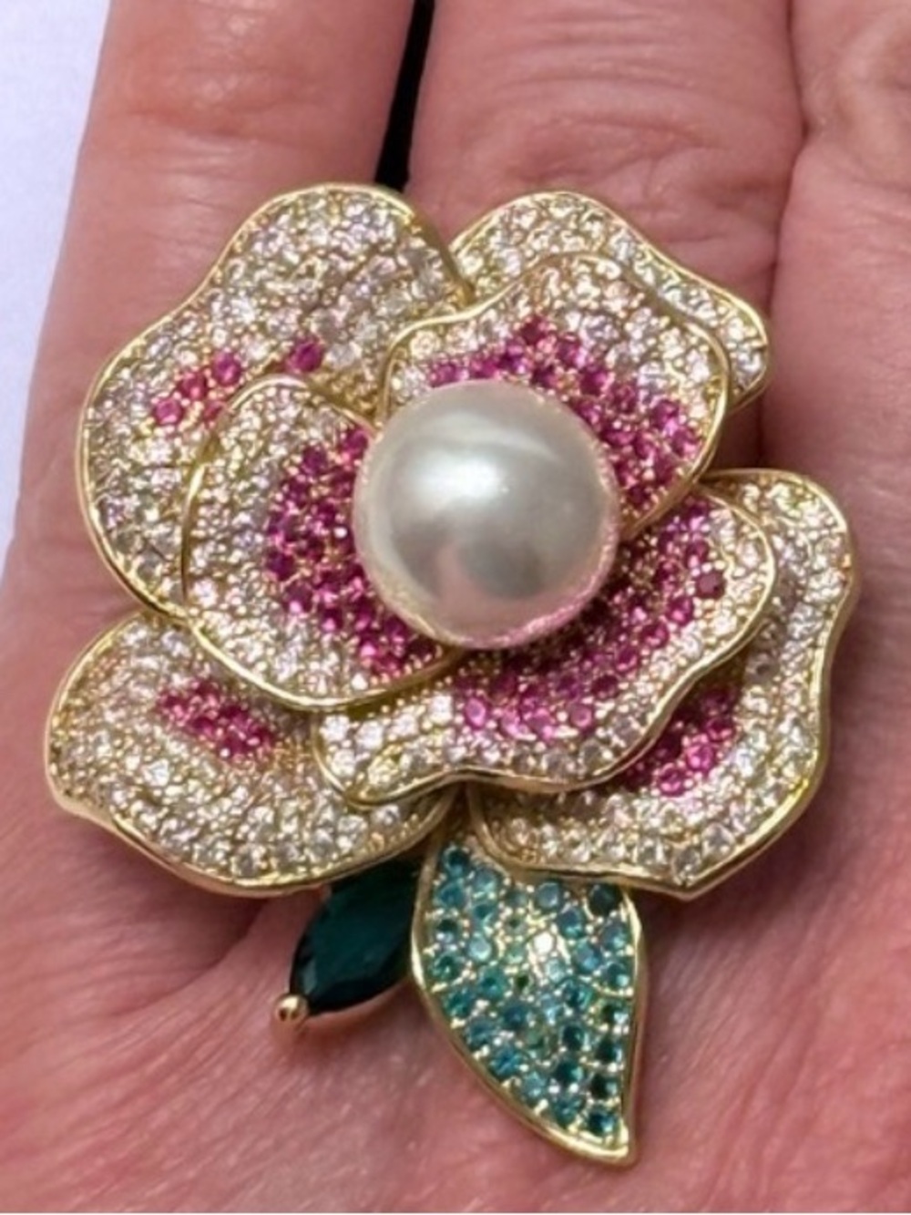 EYECANDY Los Angeles Flower With Faux Pearl Brass CZ Adjustable Ring NWT